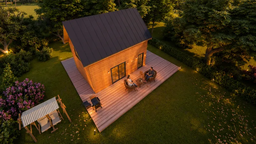 Projekt domu szkieletowego 35 m² z nowoczesną bryłą i strychem