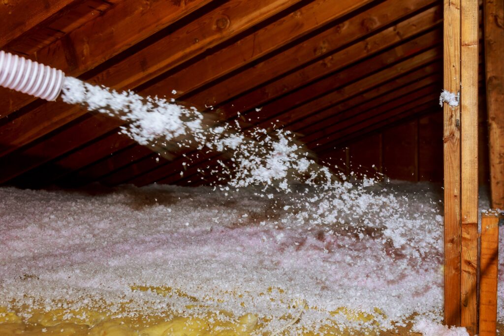 Natryskiwanie mineralnej wełny  warstwy ocieplenia pod dach, ocieplenie poddasza domu.