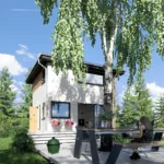 Wizualizacja domku letniskowego 35 m² z dachem kopertowym i tarasem