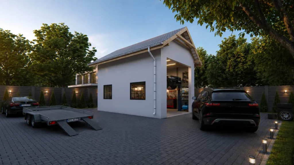 Projekt garażu 35 m² z antresolą i wysoką bramą garażową