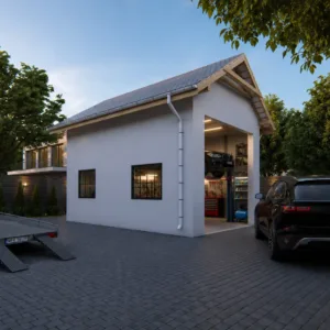 Projekt garażu 35 m² z antresolą i wysoką bramą garażową
