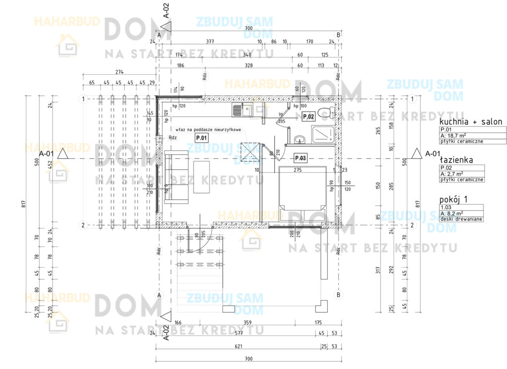 Rzut domu 35 m² z piwnicą – układ pomieszczeń i dodatkowa przestrzeń w piwnicy