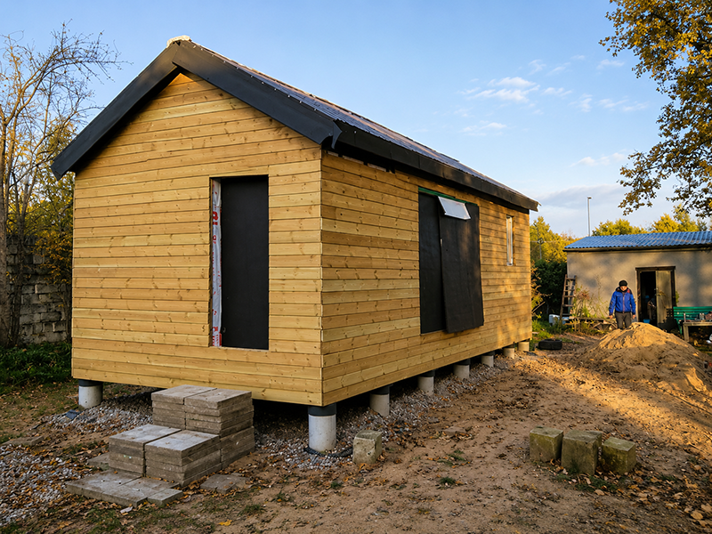 Dom Pana Mariana – całoroczny dom szkieletowy 35 m² na słupach fundamentowych