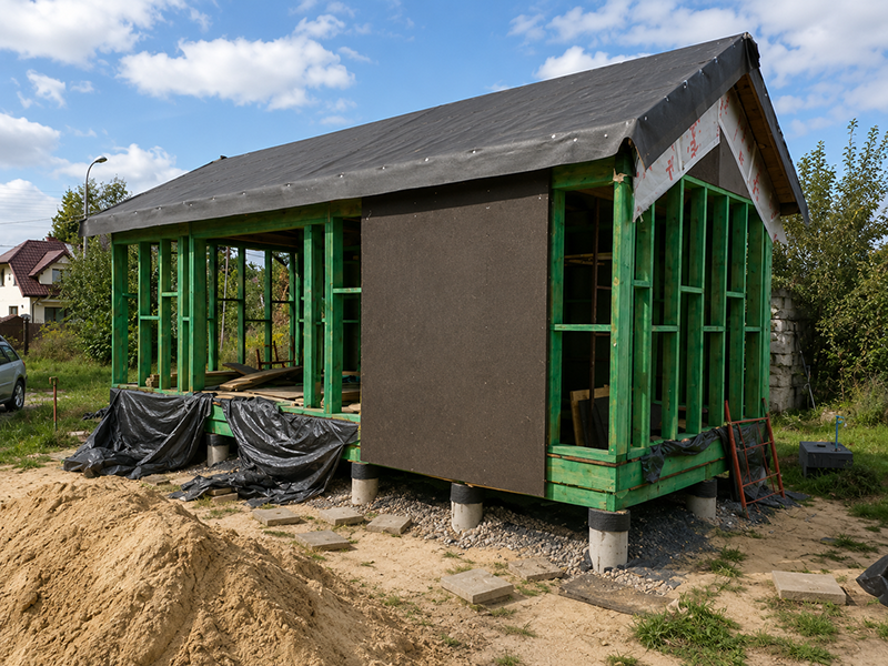 Drewniana konstrukcja domu 35 m² podczas samodzielnej budowy